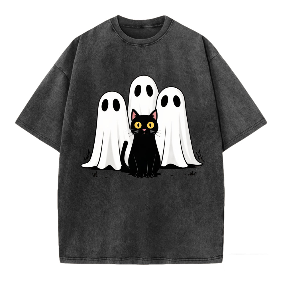 Funny Ghosts & Black Cat Print Vintage Washed T-shirt